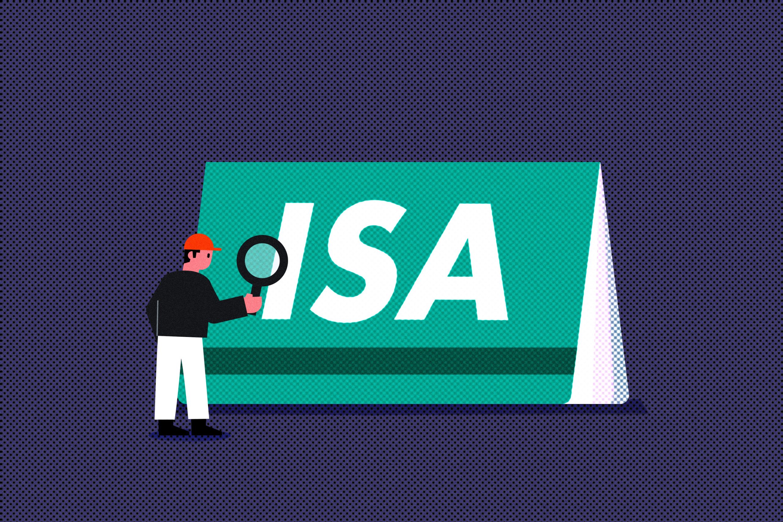 돋보기를 든 남자가 ISA 글자가 적힌 통장을 살펴보고 있다